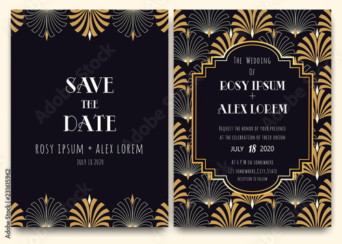 An Art Deco Wedding Card with a Gold-patterned Background. photo