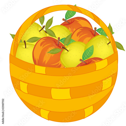 Braided basket pervaded ripe red and green apple