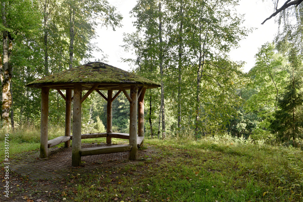 Old wooden summerhouse in abandoned park in Estonia