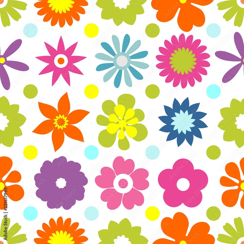 Seamless floral pattern. Repeated flowers and round spots. Vector illustration. green, white color. graphic design for paper, textile print, page fill.