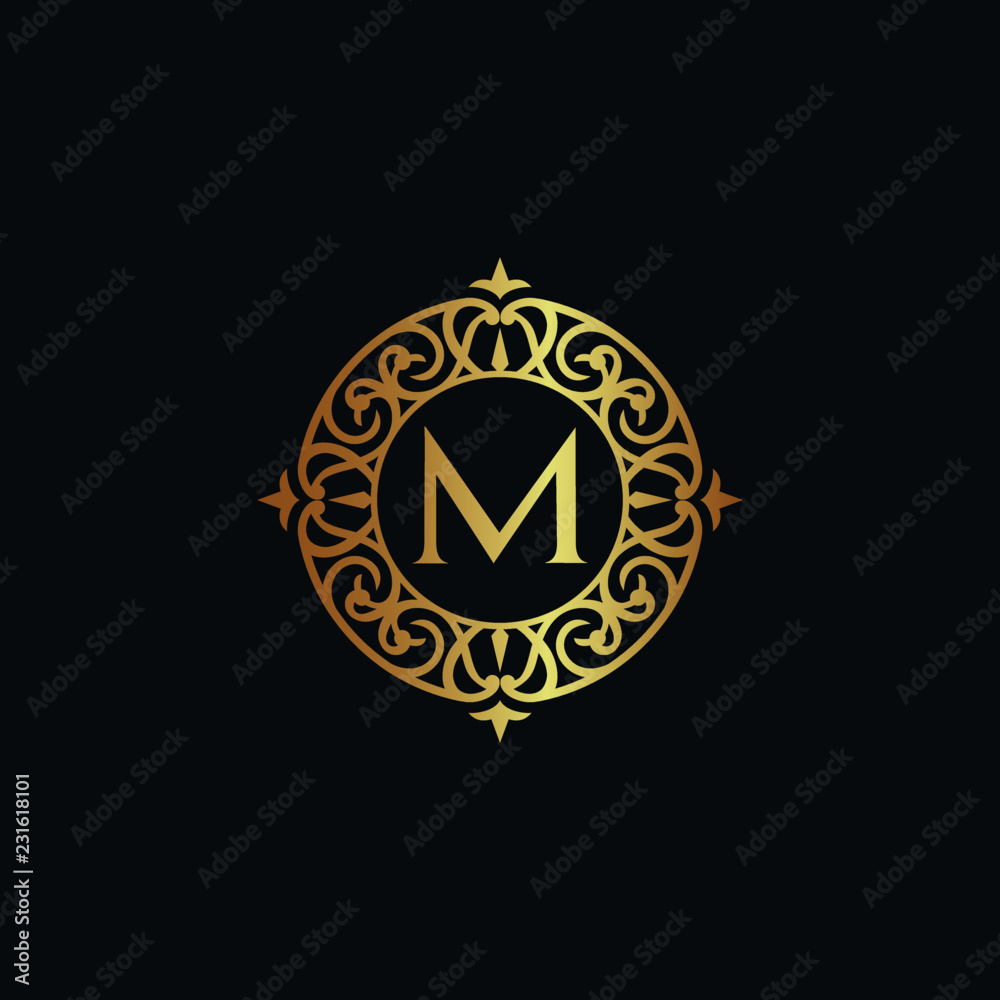 Vintage old style logo icon golden. Royal hotel, Premium boutique, Fashion logo, restaurant logo, VIP logo. Letter M logo, Premium quality logo.