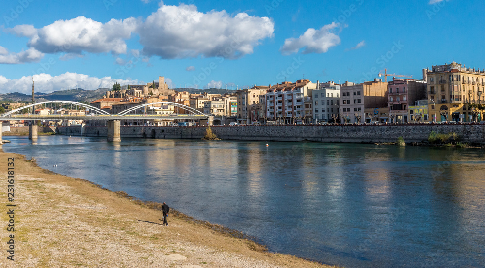 View of Tortosa with bridge over the Ebro river and the Souda castle