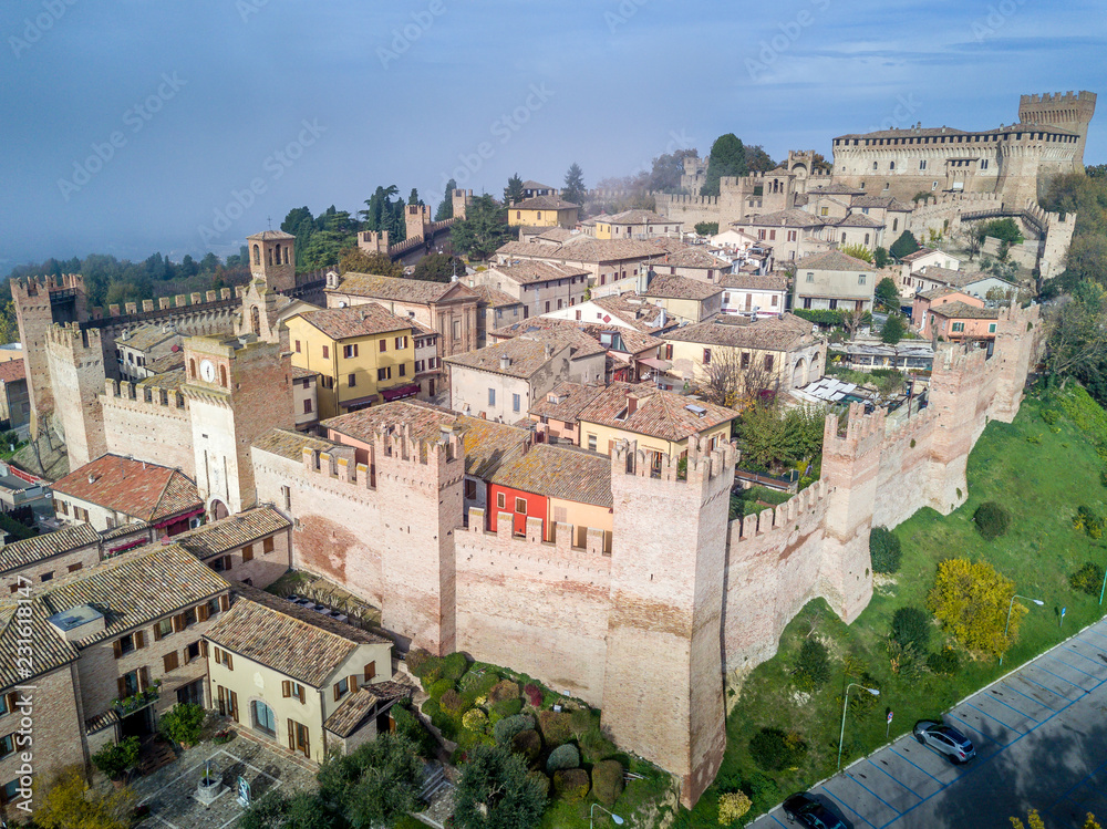 Aerial view of Gradara castle, medieval walled city near Rimini Italy