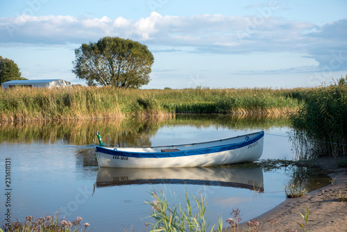 Lonely boat in tranquil rushy backwater lit by evening sun