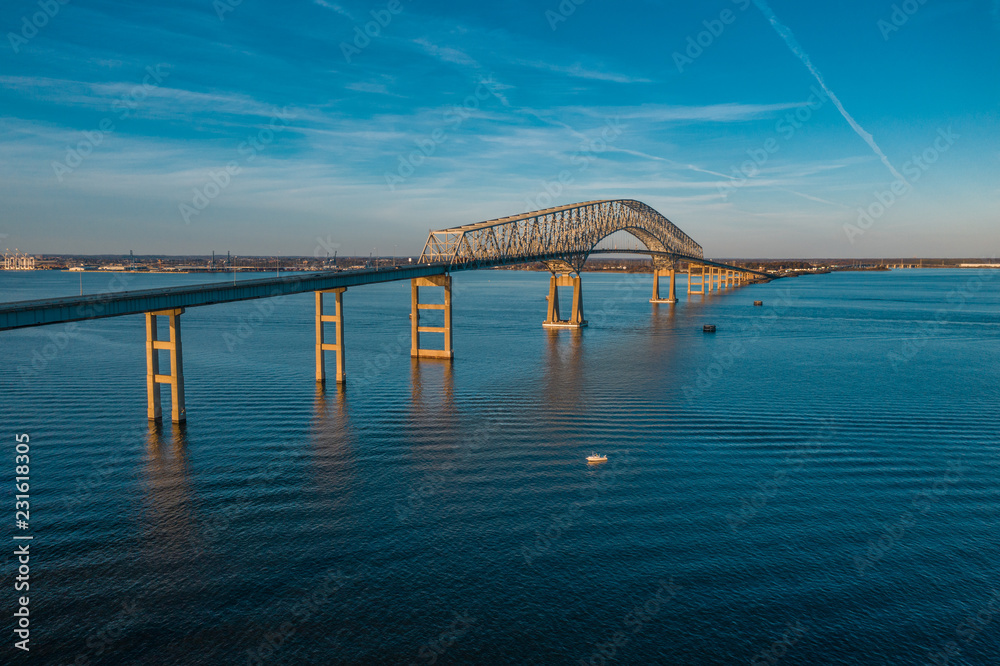 Aerial view of Francis Scott Key Bay bridge over the Patapsco river in Baltimore Maryland