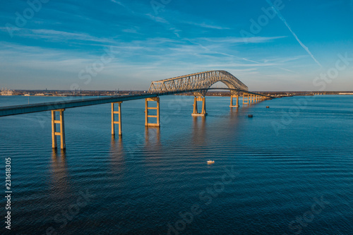 Aerial view of Francis Scott Key Bay bridge over the Patapsco river in Baltimore Maryland
