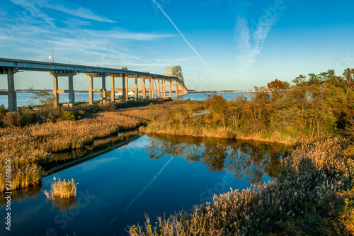 Aerial view of Francis Scott Key Bay bridge over the Patapsco river in Baltimore Maryland photo