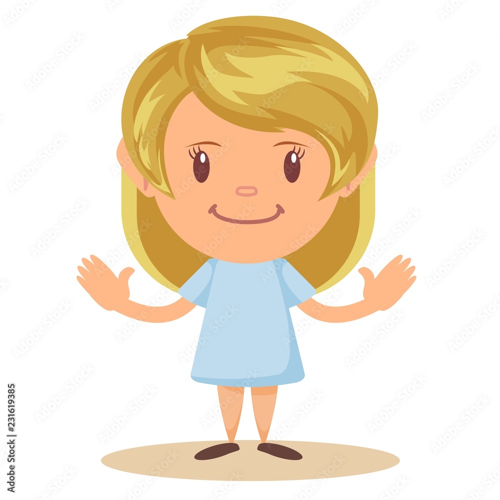 Cartoon cute girl stands in a confident pose. Colorful vector isolated kids illustration.