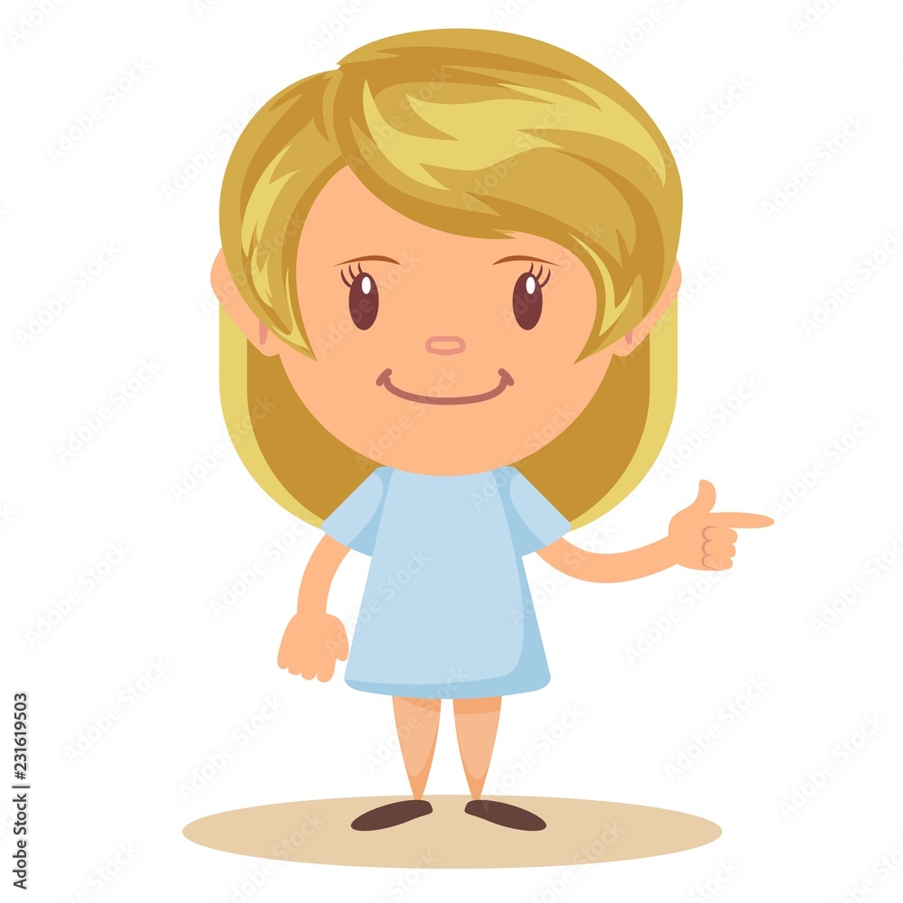 Cartoon cute girl stands in a confident pose. Colorful vector isolated kids illustration.