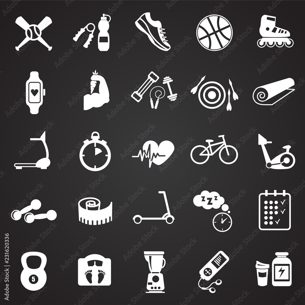 Fototapeta premium Sport and healthy life set on black background icons