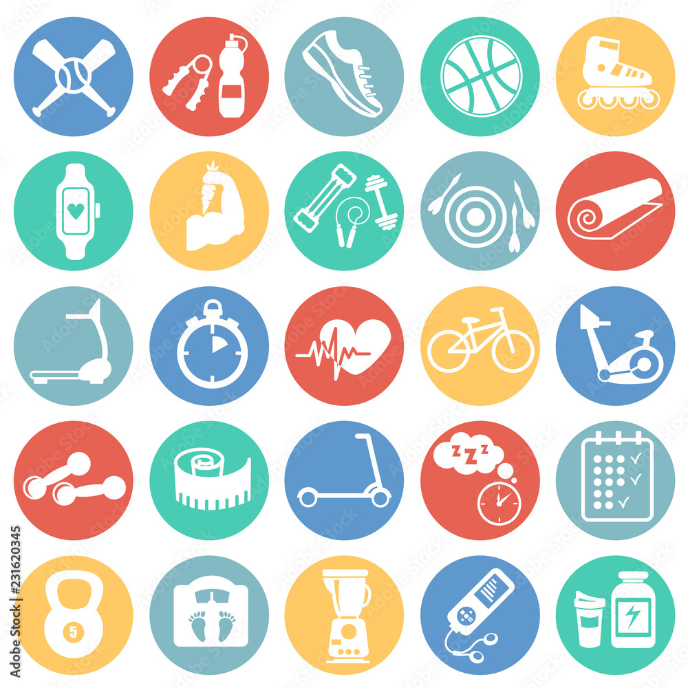 Sport and healthy life set on color circles background icons