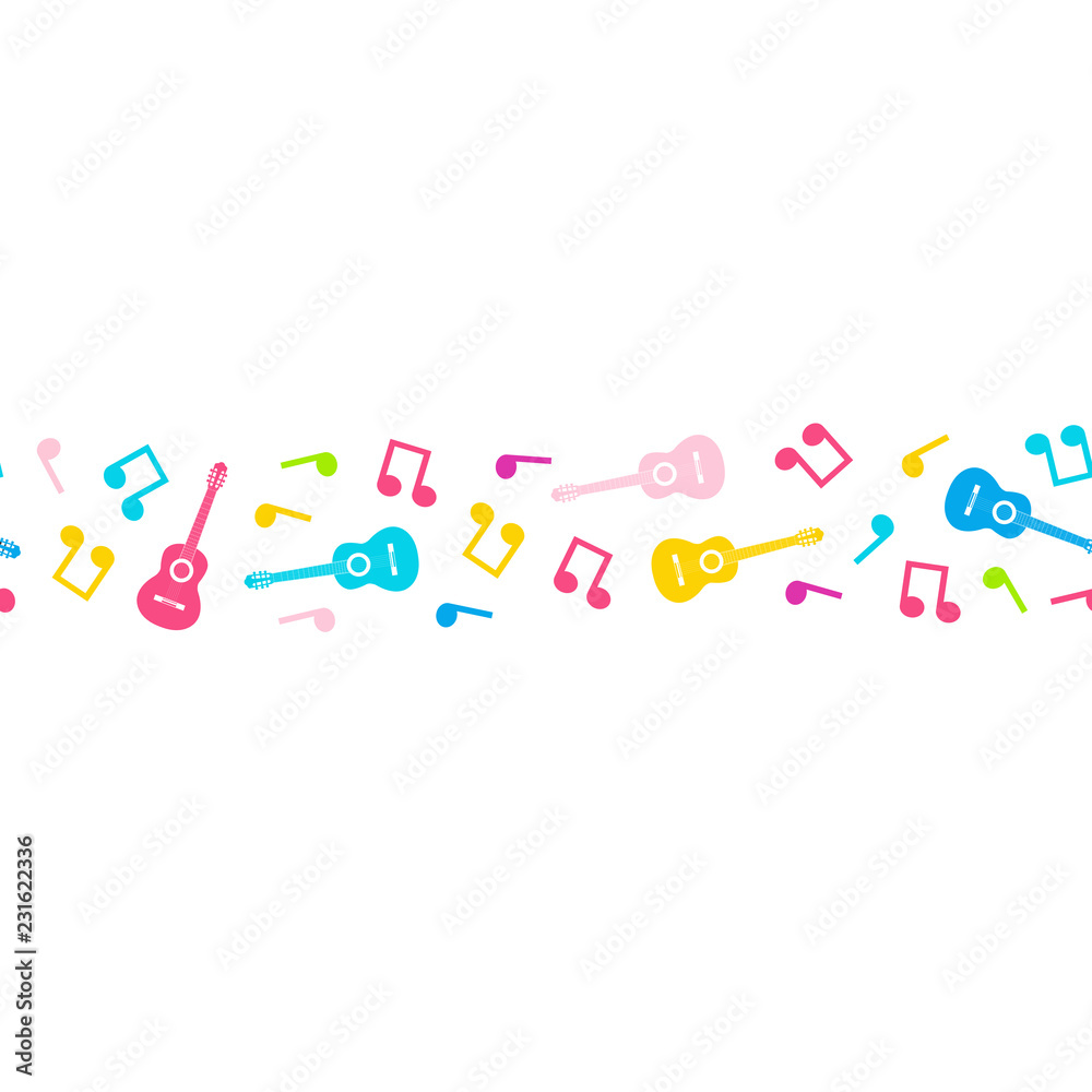 Vector seamless border of music notes and guitars. Vector seamless border of music notes and guitars.