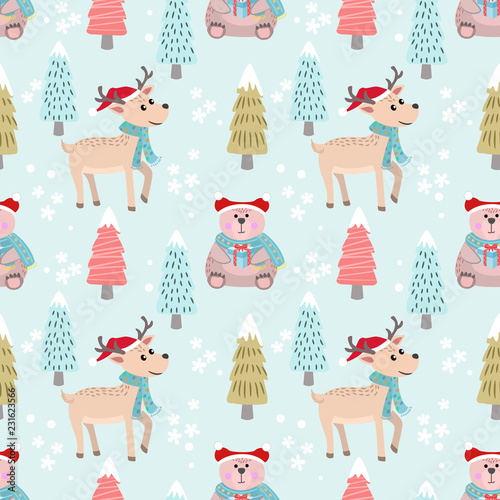 Christmas pattern background with bear and deer.