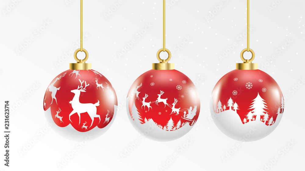 Set of vector red and white transparent christmas balls with ornaments. glass collection isolated realistic decorations. Vector illustration on white background.