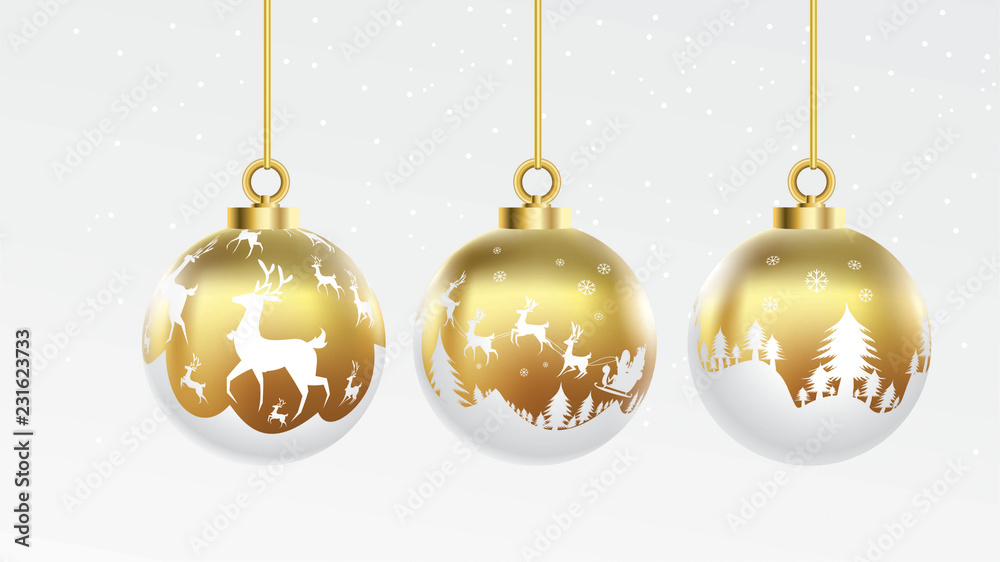Set of vector gold and white christmas balls with ornaments. glossy collection isolated realistic decorations. Vector illustration on white background. Set of vector gold and white christmas balls with ornaments. glossy collection isolated realistic decorations. Vector illustration on white background.