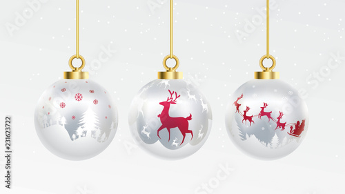 Set of vector gold, red and silver christmas balls with ornaments. golden collection isolated realistic decorations. Vector illustration on white background.