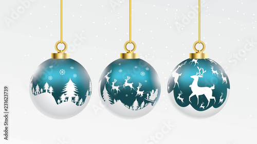 Set of vector blue and white christmas balls with ornaments. glossy collection isolated realistic decorations. Vector illustration on white background.