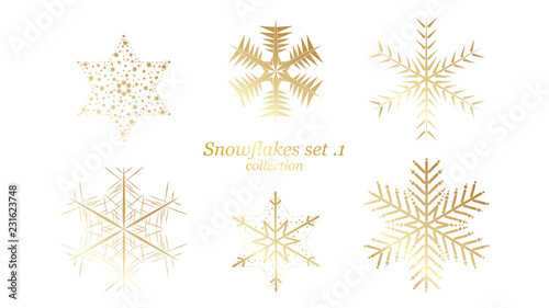 Set of vector Snowflakes Christmas design with gold luxury color on white background