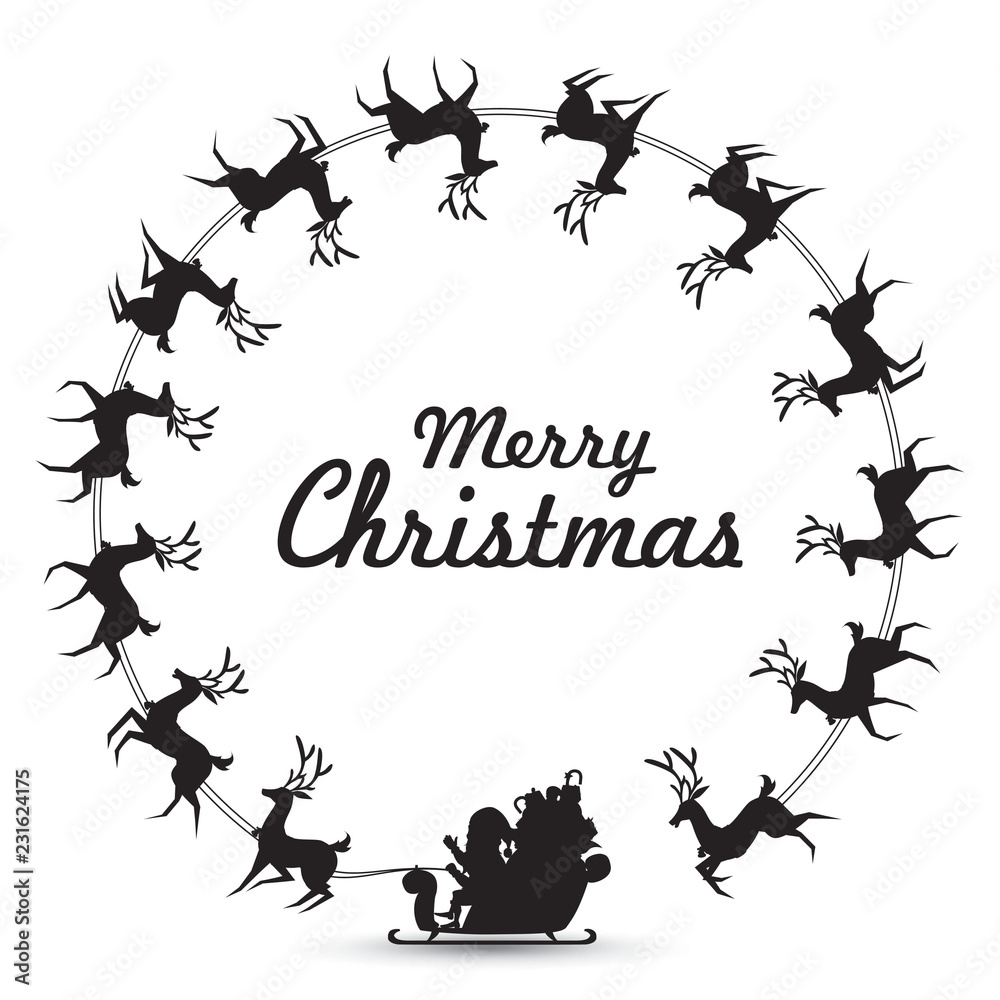 Christmas wreath Elements with Santa Claus rides reindeer sleigh spinning around make frame for blank copy space for text. vector silhouette design Christmas wreath Elements with Santa Claus rides reindeer sleigh spinning around make frame for blank copy space for text. vector silhouette design