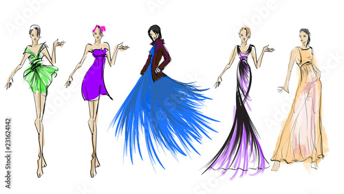 Sketch. Fashion Girls on a white background. Vector illustration