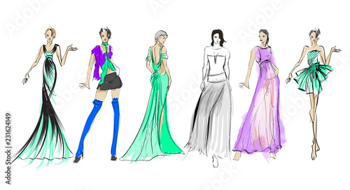Sketch. Fashion Girls on a white background. Vector illustration