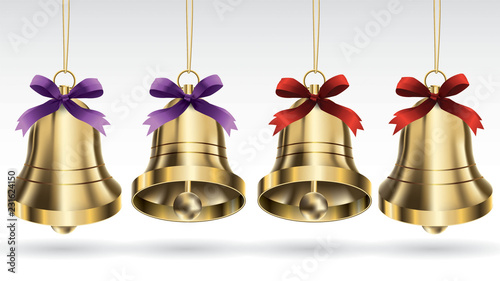 Set of vector gold Christmas bells with ribbon and hanging with different angel pose. isolated on a white background. Vector illustration
