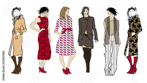 Sketch. Fashion Girls on a white background. Vector illustration