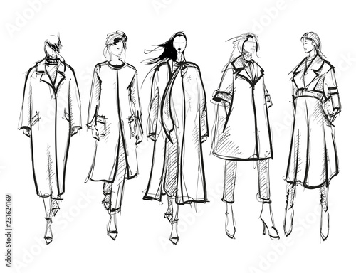 Sketch. Fashion Girls on a white background. Vector illustration