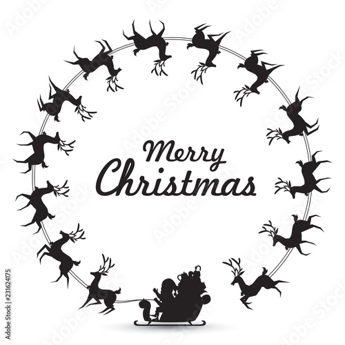 Christmas wreath Elements with Santa Claus rides reindeer sleigh spinning around make frame for blank copy space for text. vector silhouette design