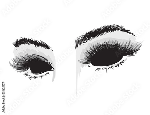 Hand-drawn woman's luxurious eyes. Demonic black eyes. A terrible look. Sexy eyes.