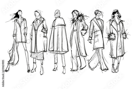 Sketch. Fashion Girls on a white background. Vector illustration