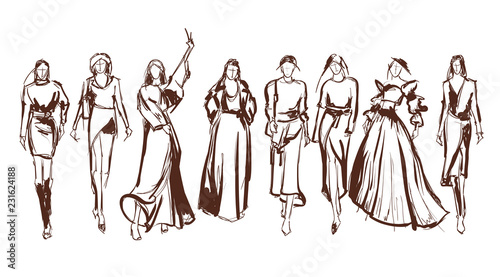 Sketch. Fashion Girls on a white background. Vector illustration