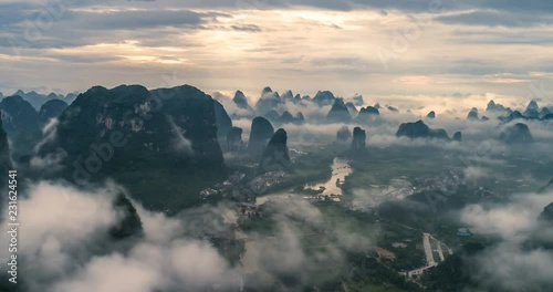 time lapse of aerial view of River and Karst mountains. Located near Yangshuo County, Guilin City, Guangxi Province, China.