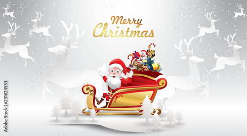 Merry Christmas and Happy New Year.Santa Claus is rides reindeer sleigh with a sack of gifts in Christmas snow scene. vector illustration Greeting card poster horizontal banner paper art concept
