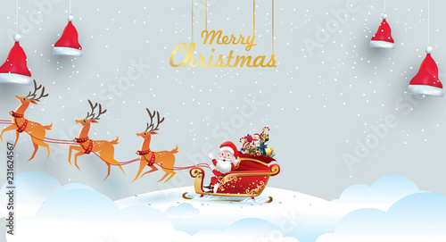 Merry Christmas and Happy New Year.Santa Claus is rides reindeer sleigh with a sack of gifts in Christmas snow scene. vector illustration Greeting card poster horizontal banner paper art concept