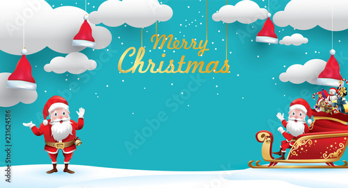 Merry Christmas and Happy New Year.Santa Claus is rides reindeer sleigh with a sack of gifts in Christmas snow scene. vector illustration Greeting card poster horizontal banner paper art concept