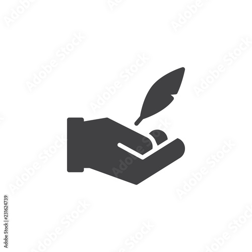 Hand and feather pen vector icon. filled flat sign for mobile concept and web design. Copywriting simple solid icon. Symbol, logo illustration. Pixel perfect vector graphics