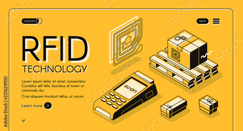 RFID technology for delivery tracking isometric vector web banner. Electromagnetic track tag on cargo and RFID reader line art illustration. Retail or shipment automation service landing page template photo