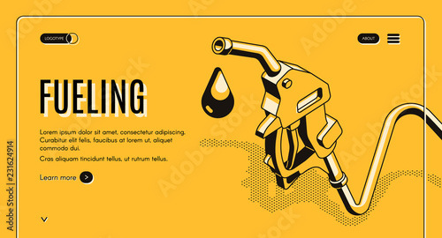 Fueling gasoline or diesel isometric vector web banner. Fuel nozzle on hose and droplet of gas, ethanol or biodiesel, line art illustration. Filling stations network, petroleum company landing page