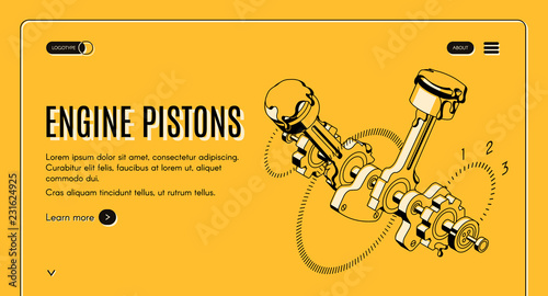 Engine pistons service, repair shop isometric vector web banner. Vehicle internal combustion engine mechanism parts, black line art illustration. Car industry engineering company landing page template