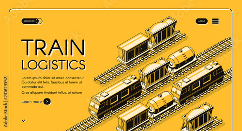 Train logistics service isometric vector web banner. Locomotive pulling freight train with goods wagon, tank car on rails, line art illustration. Industrial transport hub, railway company landing page