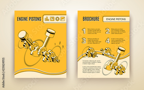 Modern car industry technologies brochure or poster isometric vector template with engine pistons on crankshaft and gears, line art illustration. Automobile repair shop, motor vehicle company ad flyer