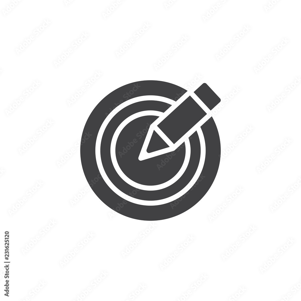 Target and pencil vector icon. filled flat sign for mobile concept and web design. Dartboard pen simple solid icon. Symbol, logo illustration. Pixel perfect vector graphics Target and pencil vector icon. filled flat sign for mobile concept and web design. Dartboard pen simple solid icon. Symbol, logo illustration. Pixel perfect vector graphics