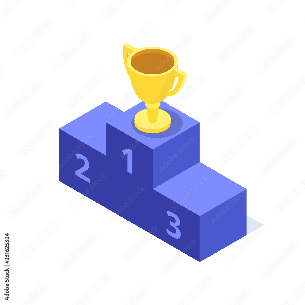 The golden cup stands on the top step of the pedestal, isometric image The golden cup stands on the top step of the pedestal, isometric image