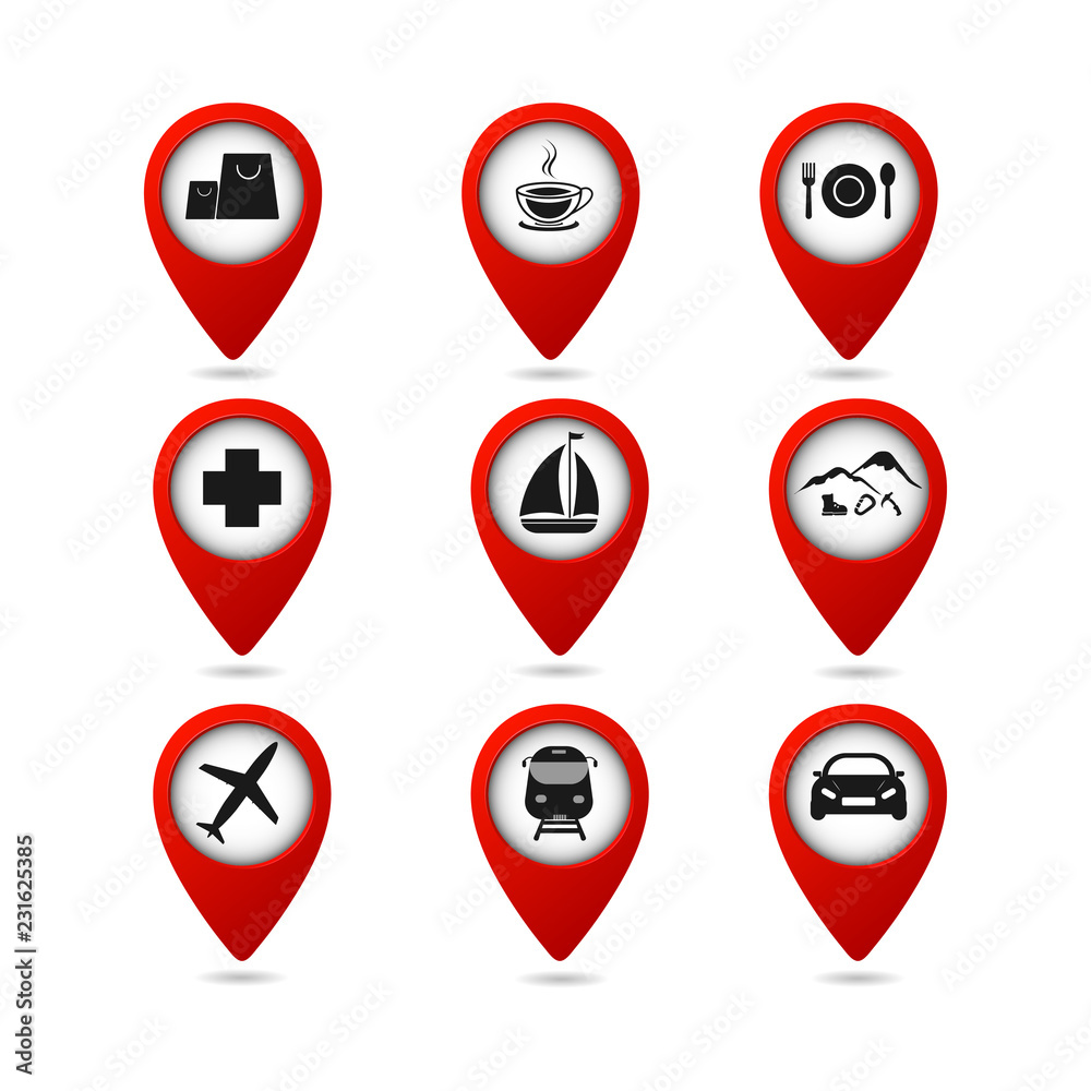 Map pointers with travel icons Map pointers with travel icons