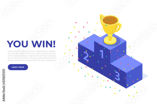 The golden cup stands on the top step of the pedestal, isometric image