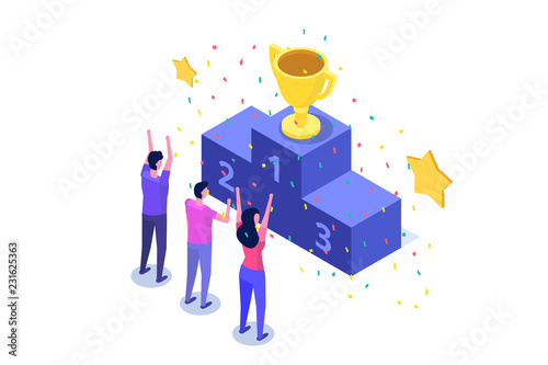 Win, Isometric winner business, success and achievement concept with characters.