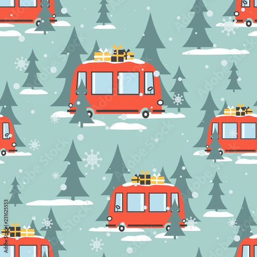 Buses, fir trees, snow, hand drawn backdrop. Colorful seamless pattern with transport. Decorative cute wallpaper, good for printing. Overlapping colored background vector