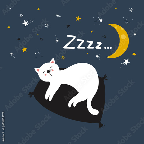 Hand drawn illustration with cat, moon, stars and lettering. Colorful cute background vector. Good night, poster design. Backdrop with english text, animal. Funny card, phrase