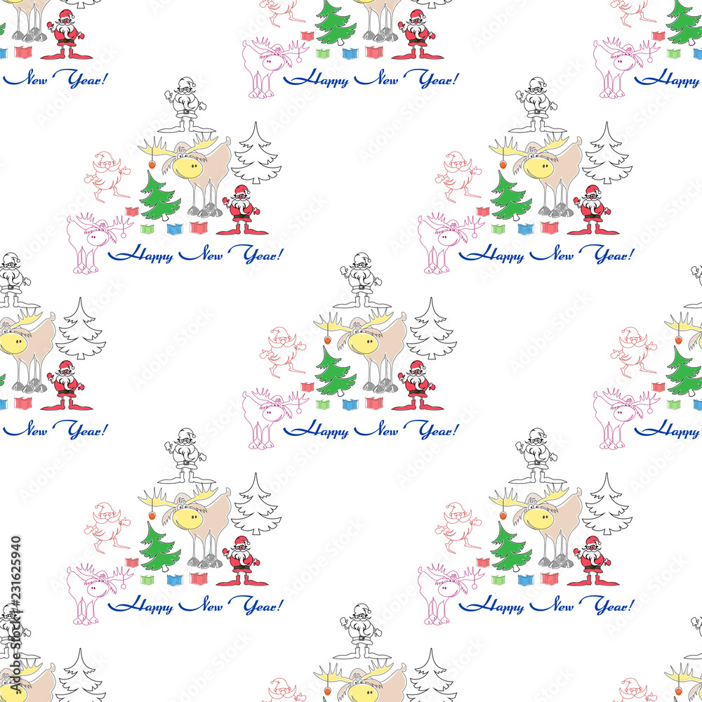 seamless pattern with santa, elk, christmas tree, gifts with contours of happy new year seamless pattern with santa, elk, christmas tree, gifts with contours of happy new year